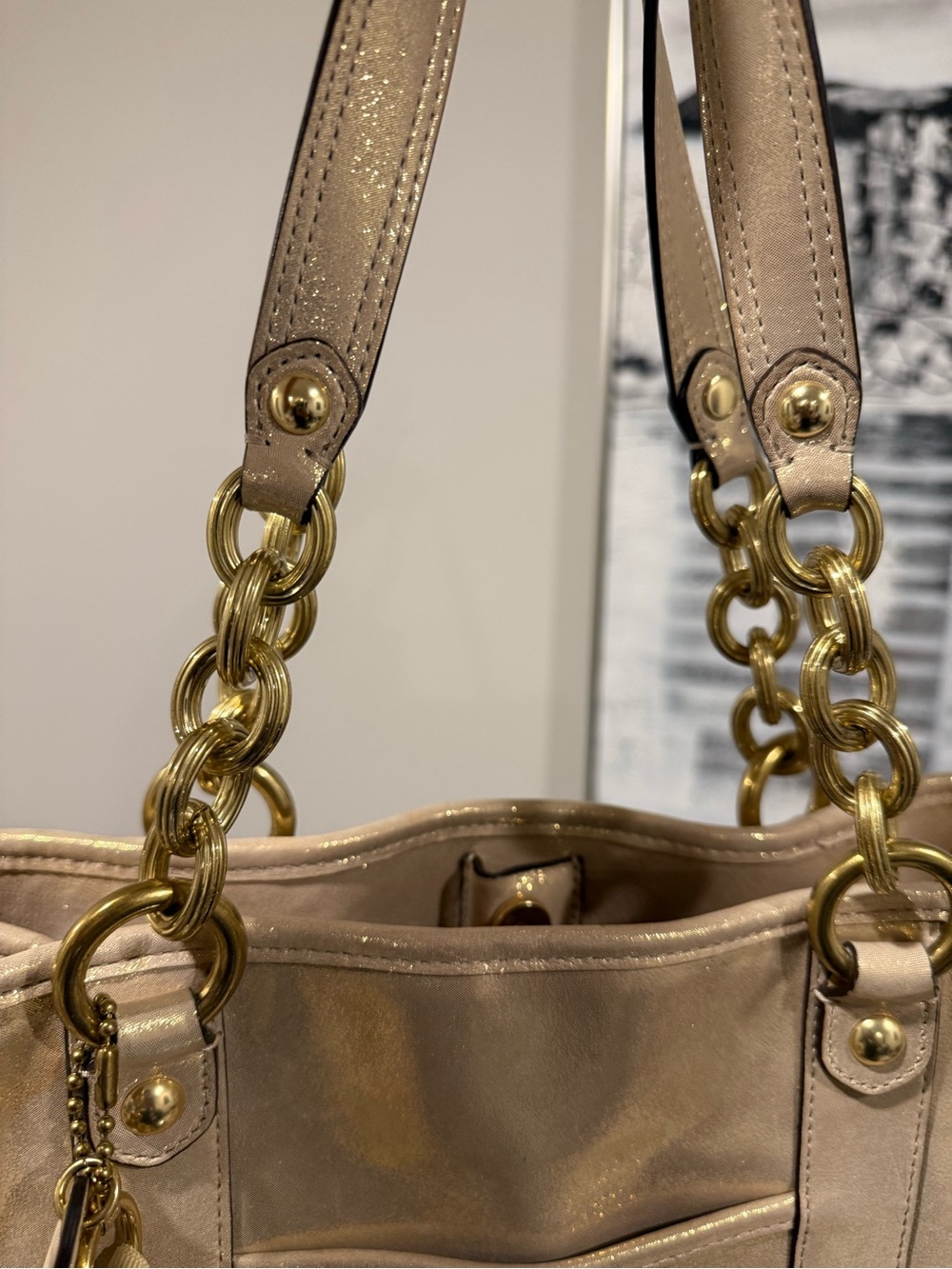 Coach Shimmery Champagne Leather Shoulder Bag with Gold Chain Straps - Picture 7 of 11